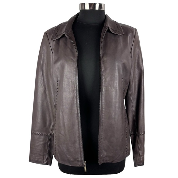 JONES NEW YORK 90S ZIP FRONT STITCHED TRIM TAILORED CLASSIC BROWN LEATHER JACKET - Picture 4 of 14